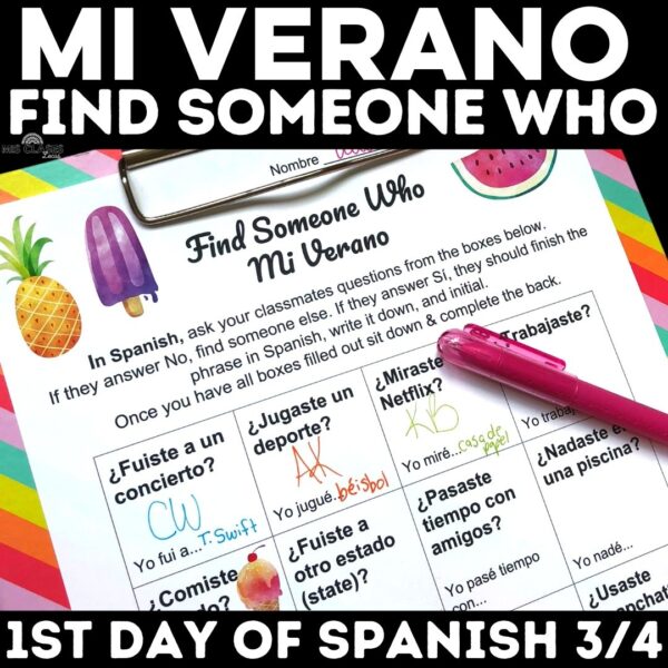 Mi Verano Find Someone Who for the first day of Spanish class