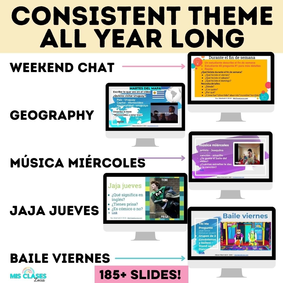 Para Empezar year of Spanish Class Routines with music from Mis Clases Locas