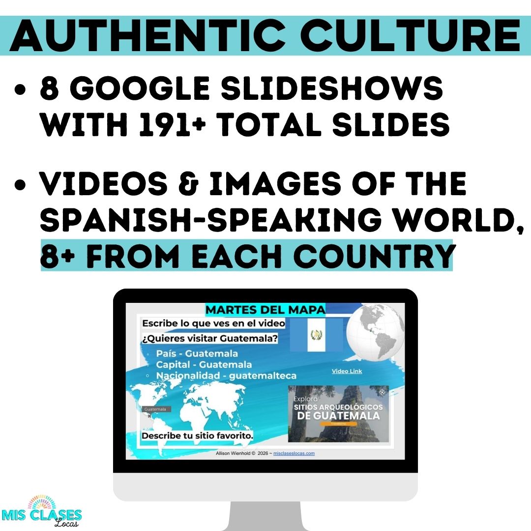Martes de mapa Bundle Spanish Speaking Countries Google Slide Bell Ringers from Mis Clases Locas